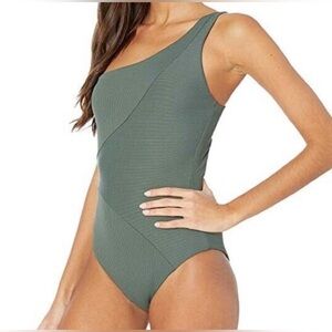 BECCA Women's olive Green Fine Line One Shoulder One-piece Swimwear Size S